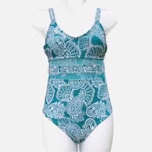 Kona Sol Women’s One Piece Swimsuit Paisley Mesh Scoop Neck Bathing Suit Teal S